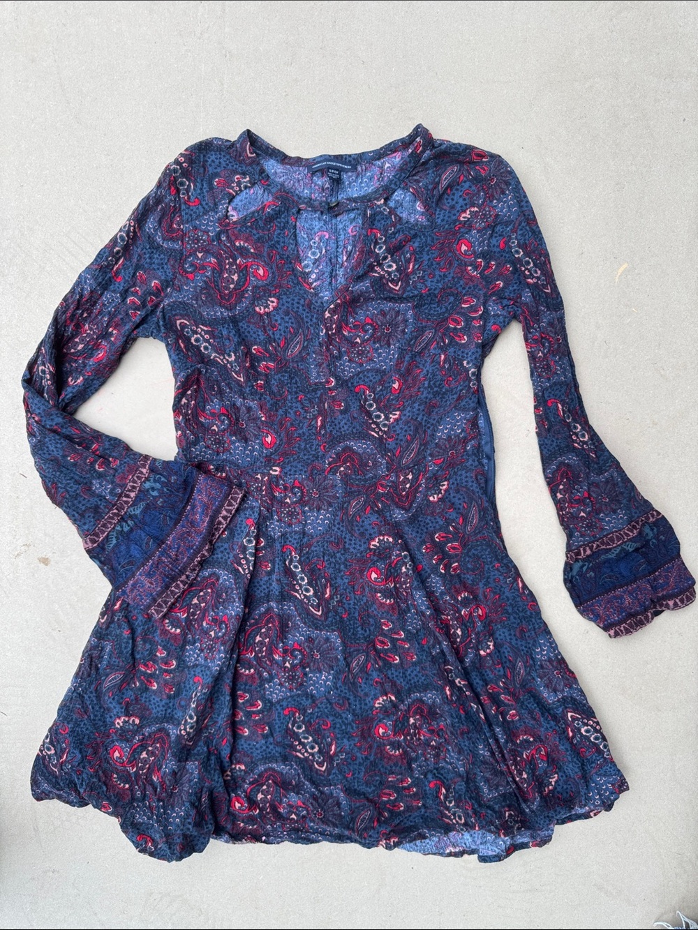 American Eagle Outfitters Navy Paisley Long-Sleeve Tunic Dress with Red Accents